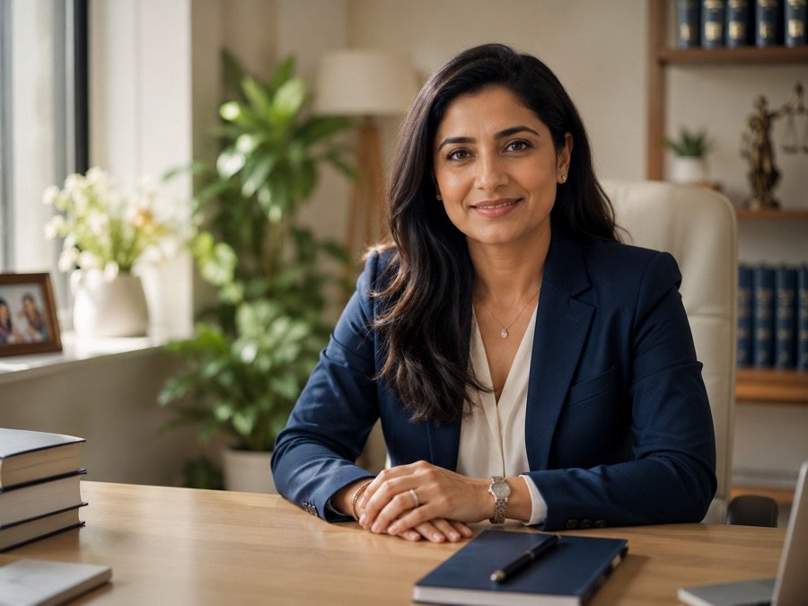 A family-law advocate at her desk in a warm, welcoming office
